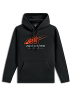 Sudadera Alpinestars Pulse, ropa deportiva casual negra, con un logotipo Astars naranja con líneas de velocidad desvanecidas en el pecho, marca Alpinestars en gris, bolsillo frontal tipo canguro y capucha con cordón