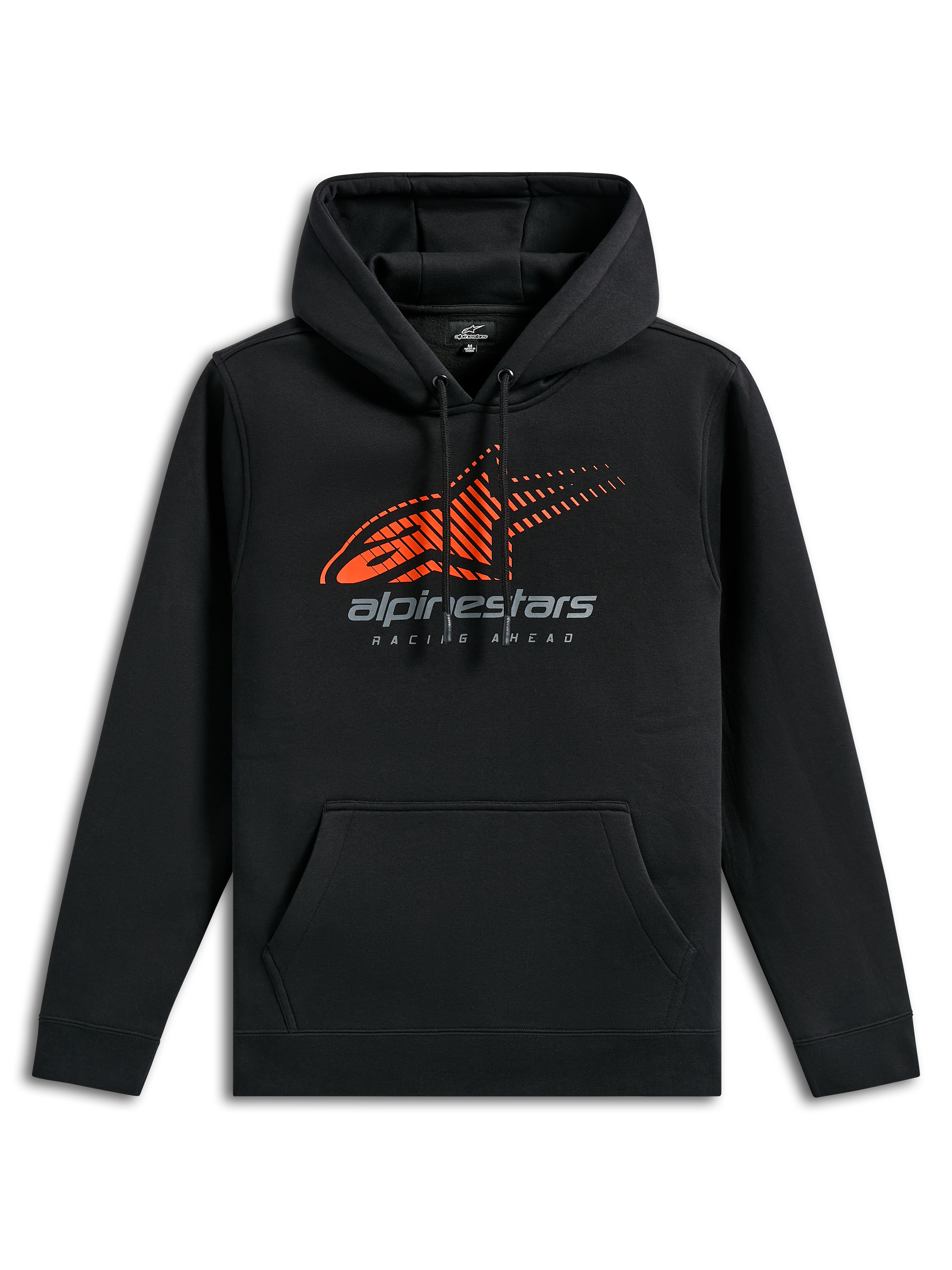 Sudadera Alpinestars Pulse, ropa deportiva casual negra, con un logotipo Astars naranja con líneas de velocidad desvanecidas en el pecho, marca Alpinestars en gris, bolsillo frontal tipo canguro y capucha con cordón