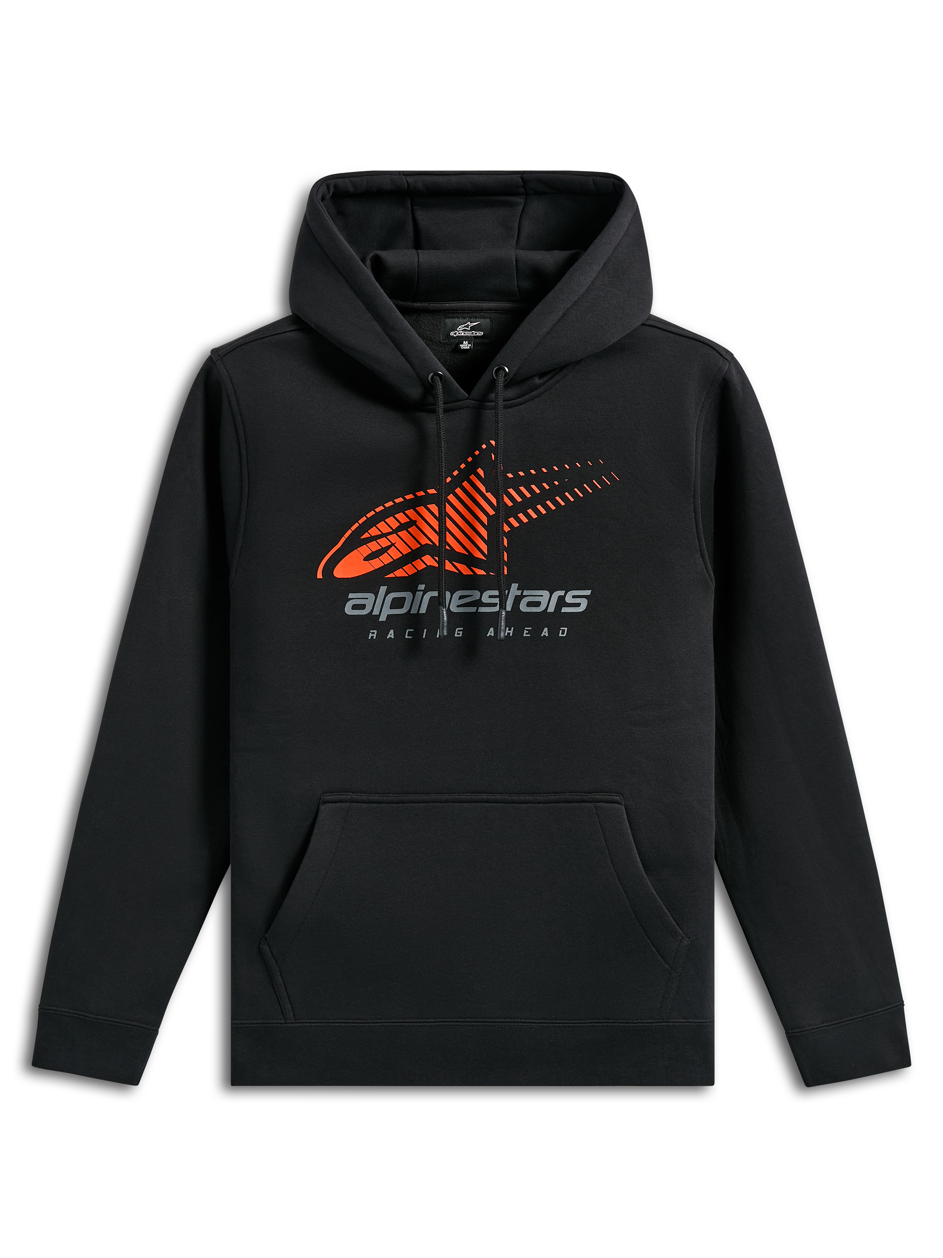 Sudadera Alpinestars Pulse, ropa deportiva casual negra, con un logotipo Astars naranja con líneas de velocidad desvanecidas en el pecho, marca Alpinestars en gris, bolsillo frontal tipo canguro y capucha con cordón