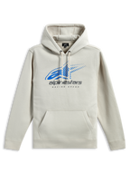 Sudadera con capucha Alpinestars Pulse, estilo urbano casual, color blanco roto con logotipo Astars en azul y marca en gris, bolsillo tipo canguro frontal, capucha con cordón, mangas largas, diseño moderno inspirado en el motociclismo