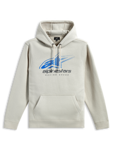 Sudadera con capucha Alpinestars Pulse, estilo urbano casual, color blanco roto con logotipo Astars en azul y marca en gris, bolsillo tipo canguro frontal, capucha con cordón, mangas largas, diseño moderno inspirado en el motociclismo