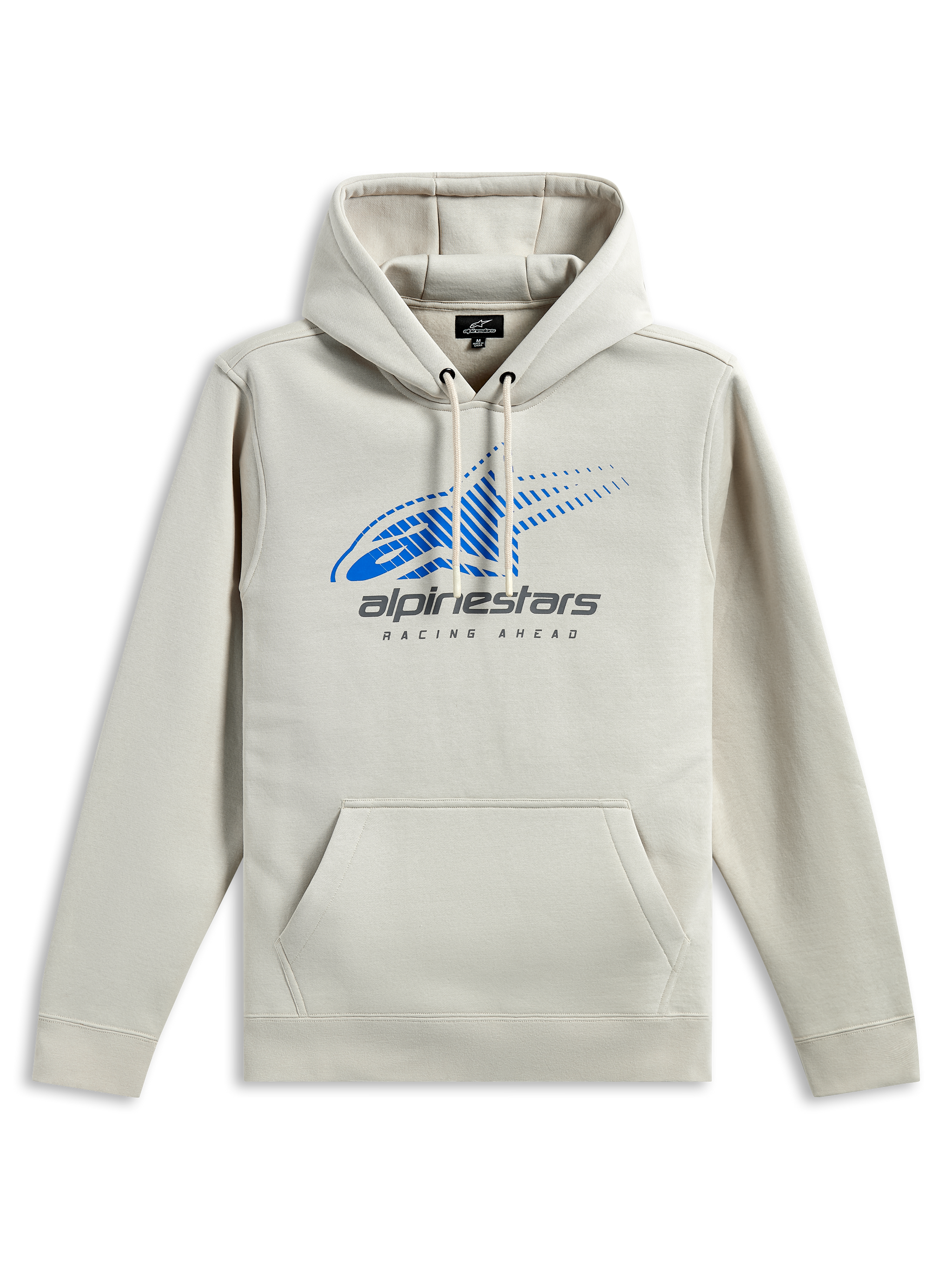 Sudadera con capucha Alpinestars Pulse, estilo urbano casual, color blanco roto con logotipo Astars en azul y marca en gris, bolsillo tipo canguro frontal, capucha con cordón, mangas largas, diseño moderno inspirado en el motociclismo