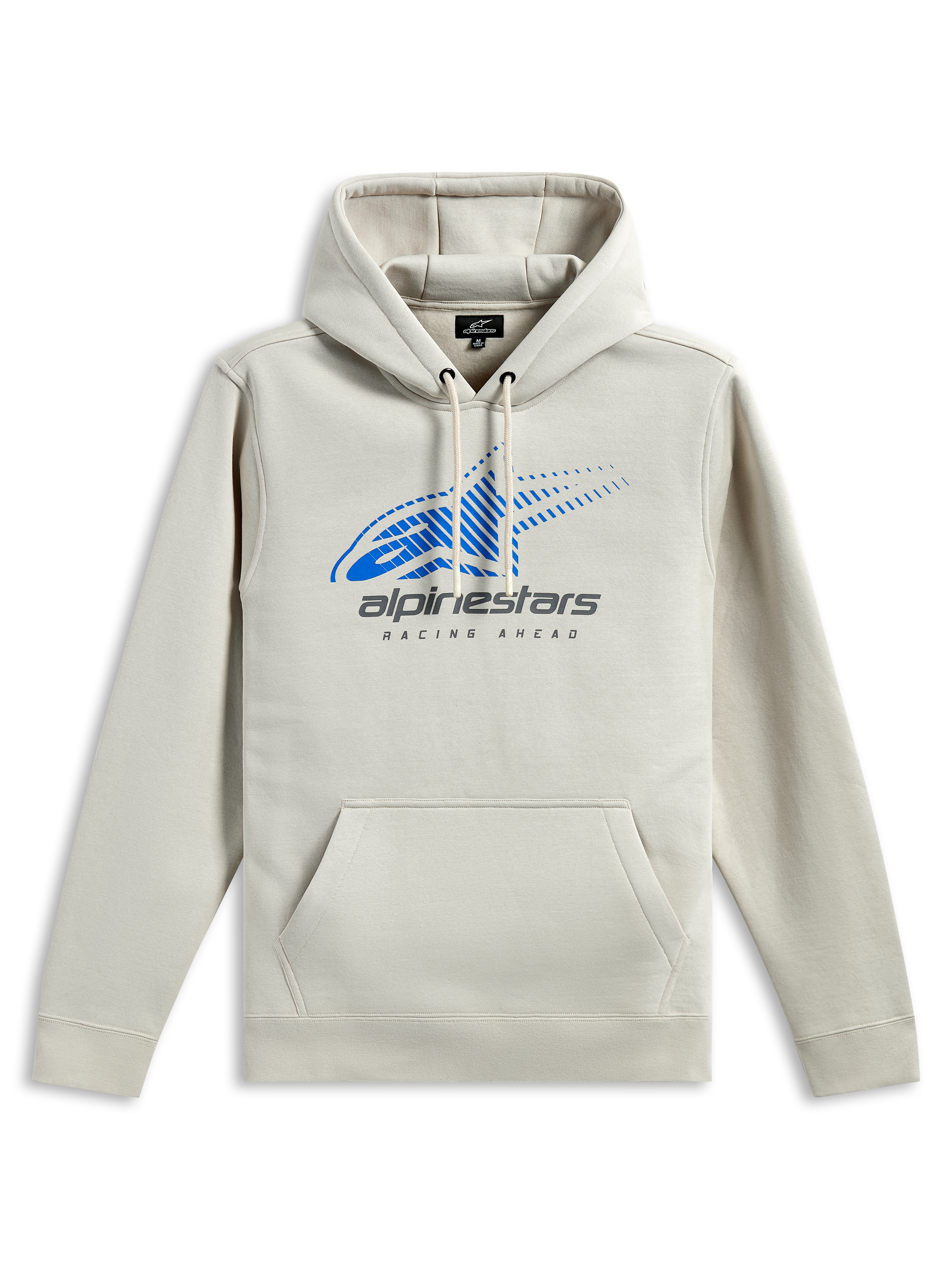Sudadera con capucha Alpinestars Pulse, estilo urbano casual, color blanco roto con logotipo Astars en azul y marca en gris, bolsillo tipo canguro frontal, capucha con cordón, mangas largas, diseño moderno inspirado en el motociclismo