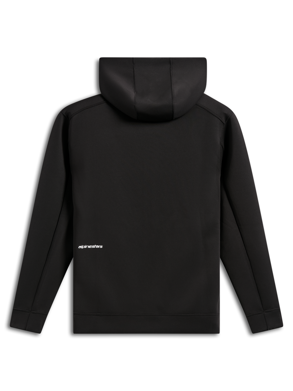 Sudadera con capucha Alpinestars Cypher, vista posterior, negra, sudadera casual de forro polar de doble cara con cremallera frontal, pequeño logo de Alpinestars en blanco en la parte inferior de la espalda, capucha con forro de malla, diseño moderno inspirado en el automovilismo
