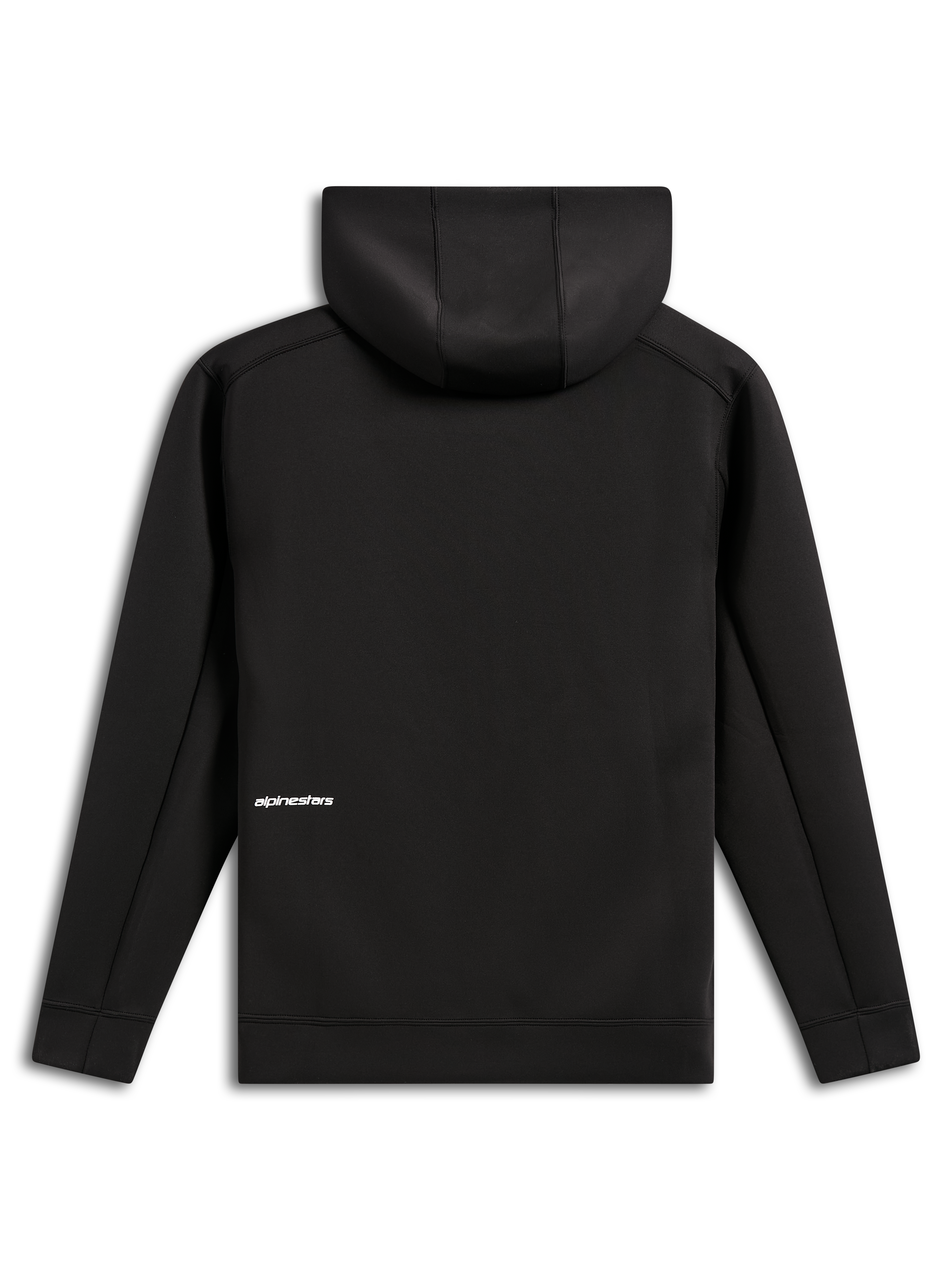 Sudadera con capucha Alpinestars Cypher, vista posterior, negra, sudadera casual de forro polar de doble cara con cremallera frontal, pequeño logo de Alpinestars en blanco en la parte inferior de la espalda, capucha con forro de malla, diseño moderno inspirado en el automovilismo