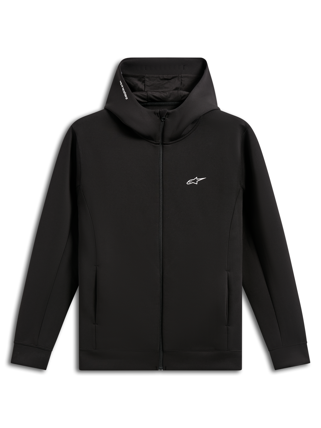Sudadera con capucha Alpinestars Cypher, negra, forro polar de doble cara con cremallera frontal, capucha de cuello alto con forro de malla y logotipo Alpinestars, pequeño logo Astars blanco en el pecho, bolsillos en la costura, ropa urbana inspirada en el automovilismo