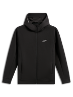 Sudadera con capucha Alpinestars Cypher, negra, forro polar de doble cara con cremallera frontal, capucha de cuello alto con forro de malla y logotipo Alpinestars, pequeño logo Astars blanco en el pecho, bolsillos en la costura, ropa urbana inspirada en el automovilismo