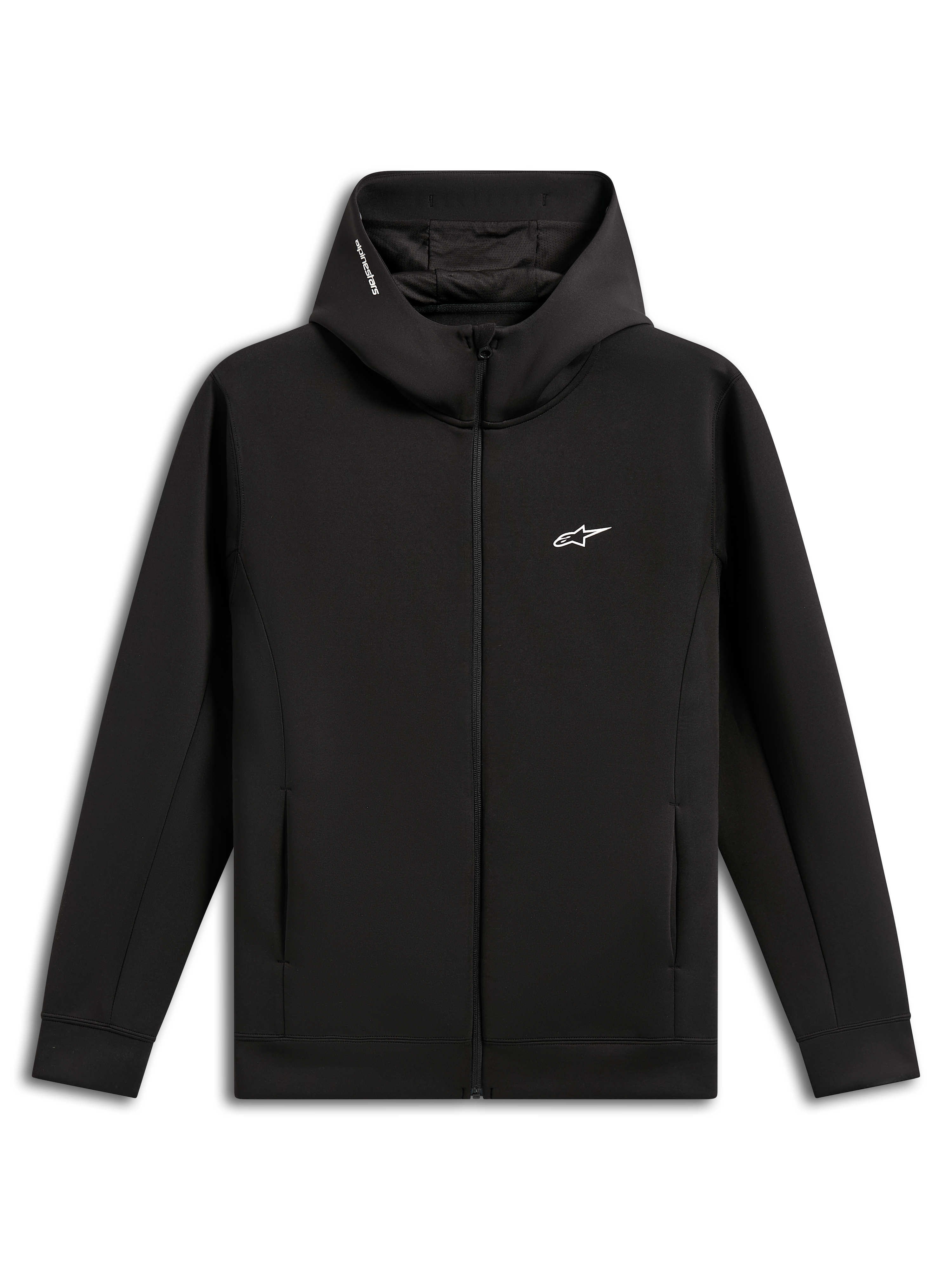 Sudadera con capucha Alpinestars Cypher, negra, forro polar de doble cara con cremallera frontal, capucha de cuello alto con forro de malla y logotipo Alpinestars, pequeño logo Astars blanco en el pecho, bolsillos en la costura, ropa urbana inspirada en el automovilismo