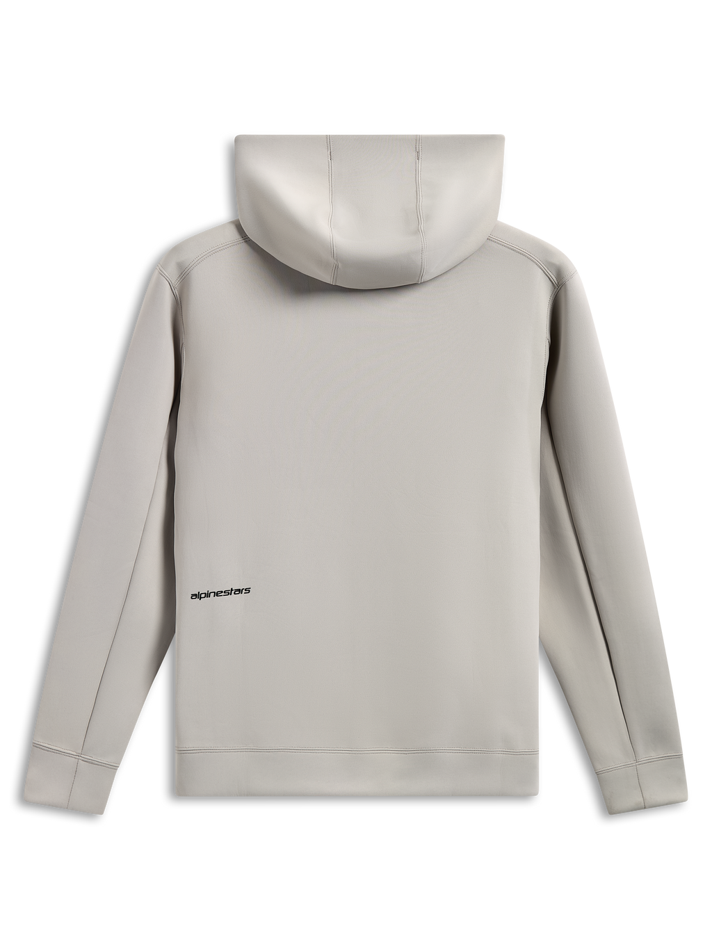 Sudadera con capucha Alpinestars Cypher, vista trasera, gris cemento, forro polar de doble cara de mezcla triple, pequeño logotipo negro en la parte inferior de la espalda, capucha forrada de malla, ropa urbana casual inspirada en el automovilismo