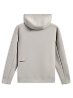Sudadera con capucha Alpinestars Cypher, vista trasera, gris cemento, forro polar de doble cara de mezcla triple, pequeño logotipo negro en la parte inferior de la espalda, capucha forrada de malla, ropa urbana casual inspirada en el automovilismo