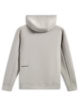 Sudadera con capucha Alpinestars Cypher, vista trasera, gris cemento, forro polar de doble cara de mezcla triple, pequeño logotipo negro en la parte inferior de la espalda, capucha forrada de malla, ropa urbana casual inspirada en el automovilismo