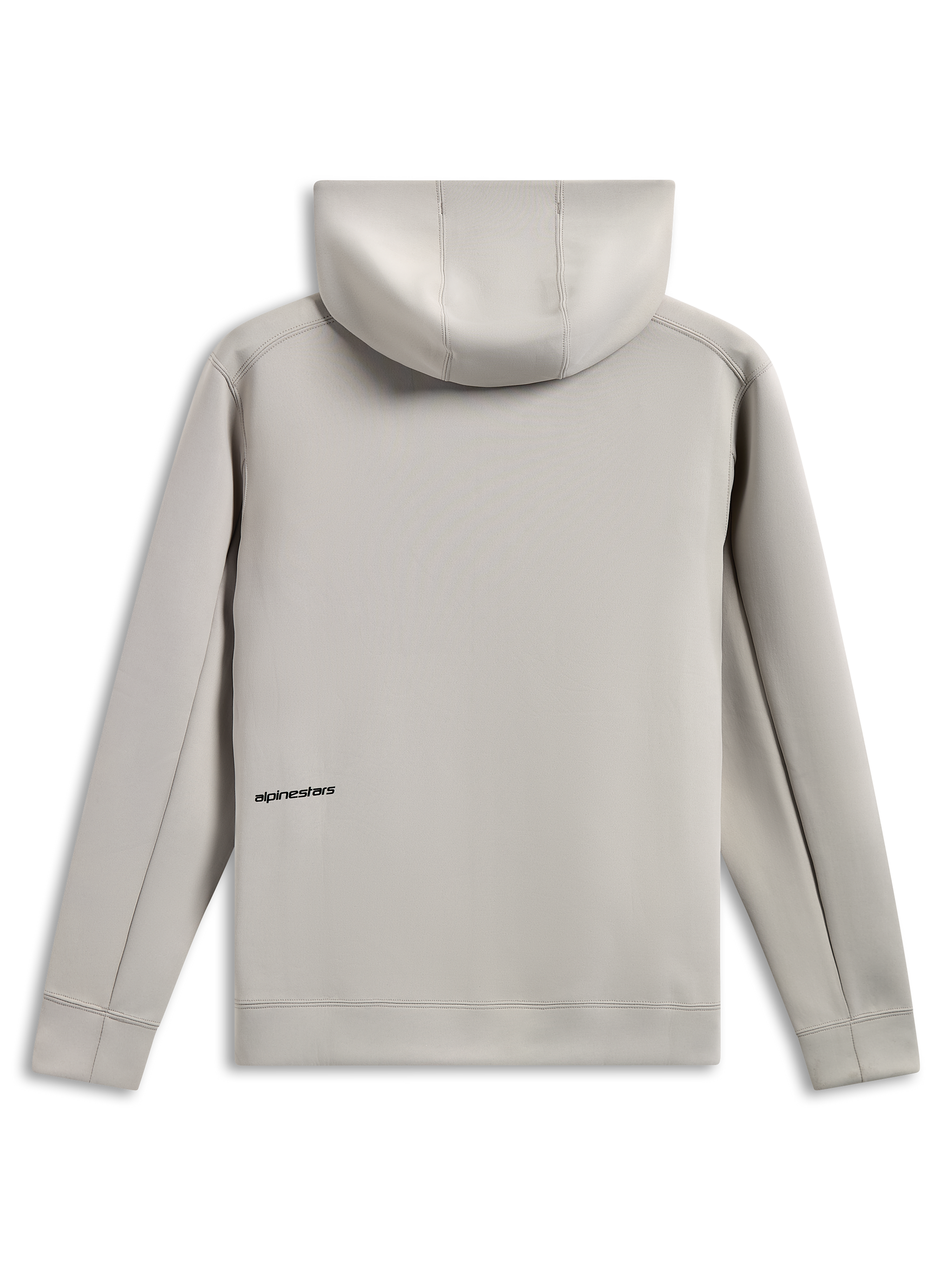 Sudadera con capucha Alpinestars Cypher, vista trasera, gris cemento, forro polar de doble cara de mezcla triple, pequeño logotipo negro en la parte inferior de la espalda, capucha forrada de malla, ropa urbana casual inspirada en el automovilismo