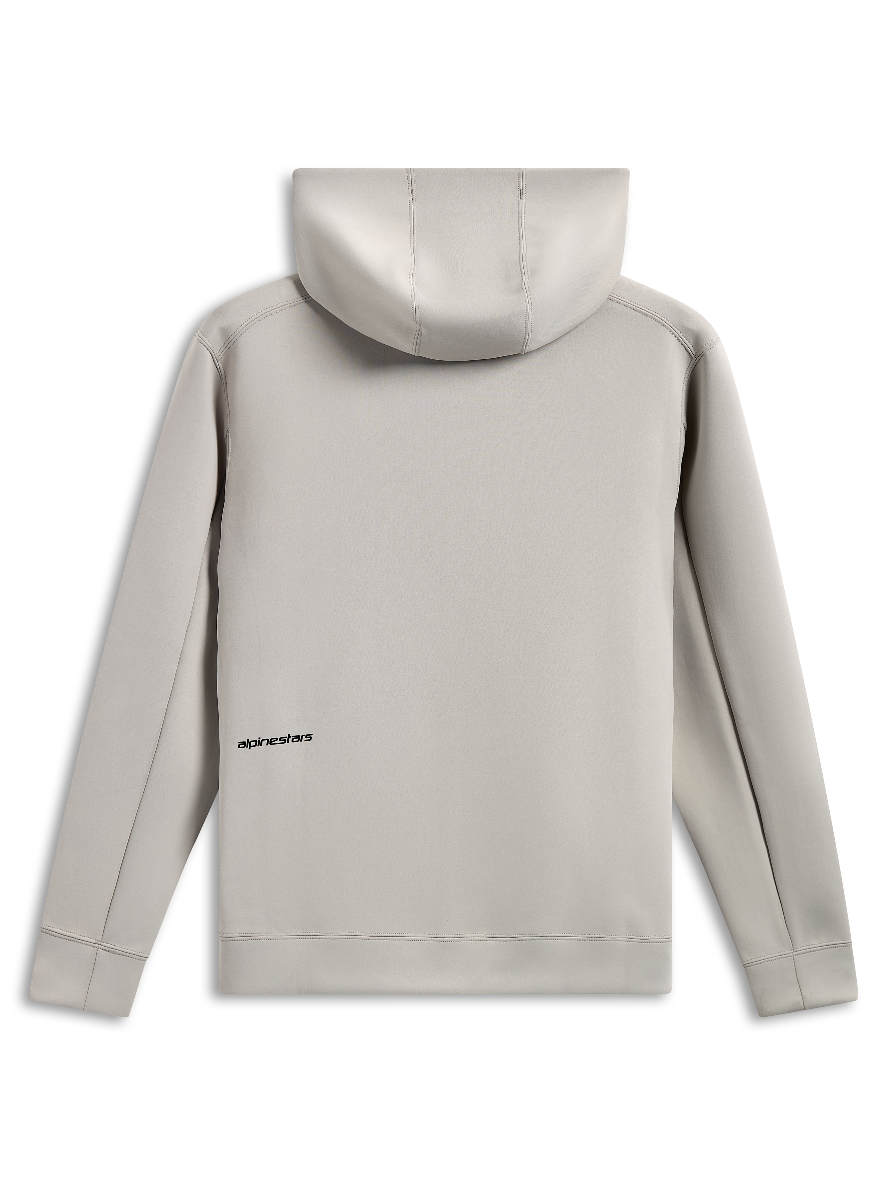 Sudadera con capucha Alpinestars Cypher, vista trasera, gris cemento, forro polar de doble cara de mezcla triple, pequeño logotipo negro en la parte inferior de la espalda, capucha forrada de malla, ropa urbana casual inspirada en el automovilismo