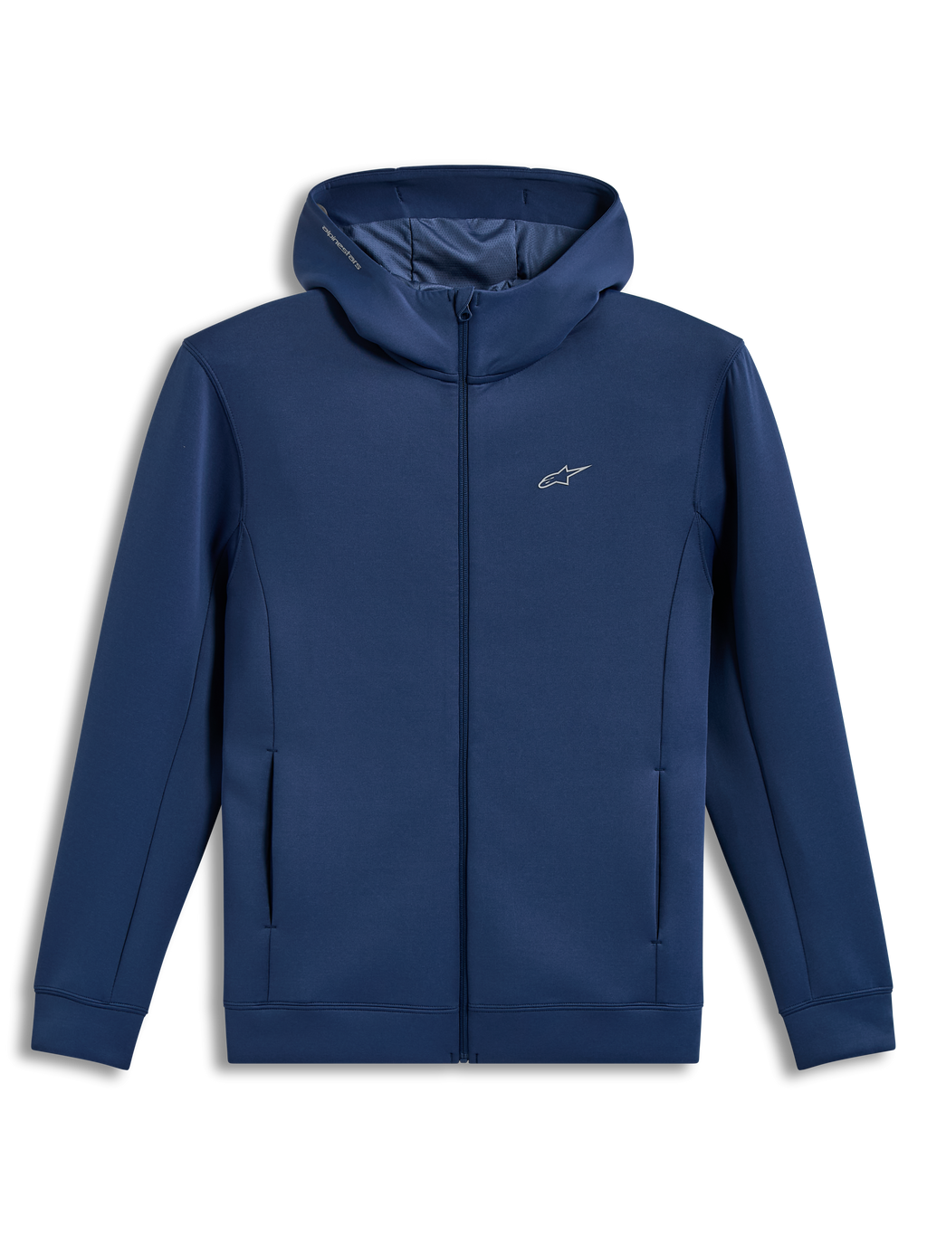 Alpinestars Cypher Hoodie, sudadera azul acero con cremallera, capucha de cuello alto y forro polar, ropa deportiva.