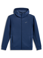 Alpinestars Cypher Hoodie, sudadera azul acero con cremallera, capucha de cuello alto y forro polar, ropa deportiva.