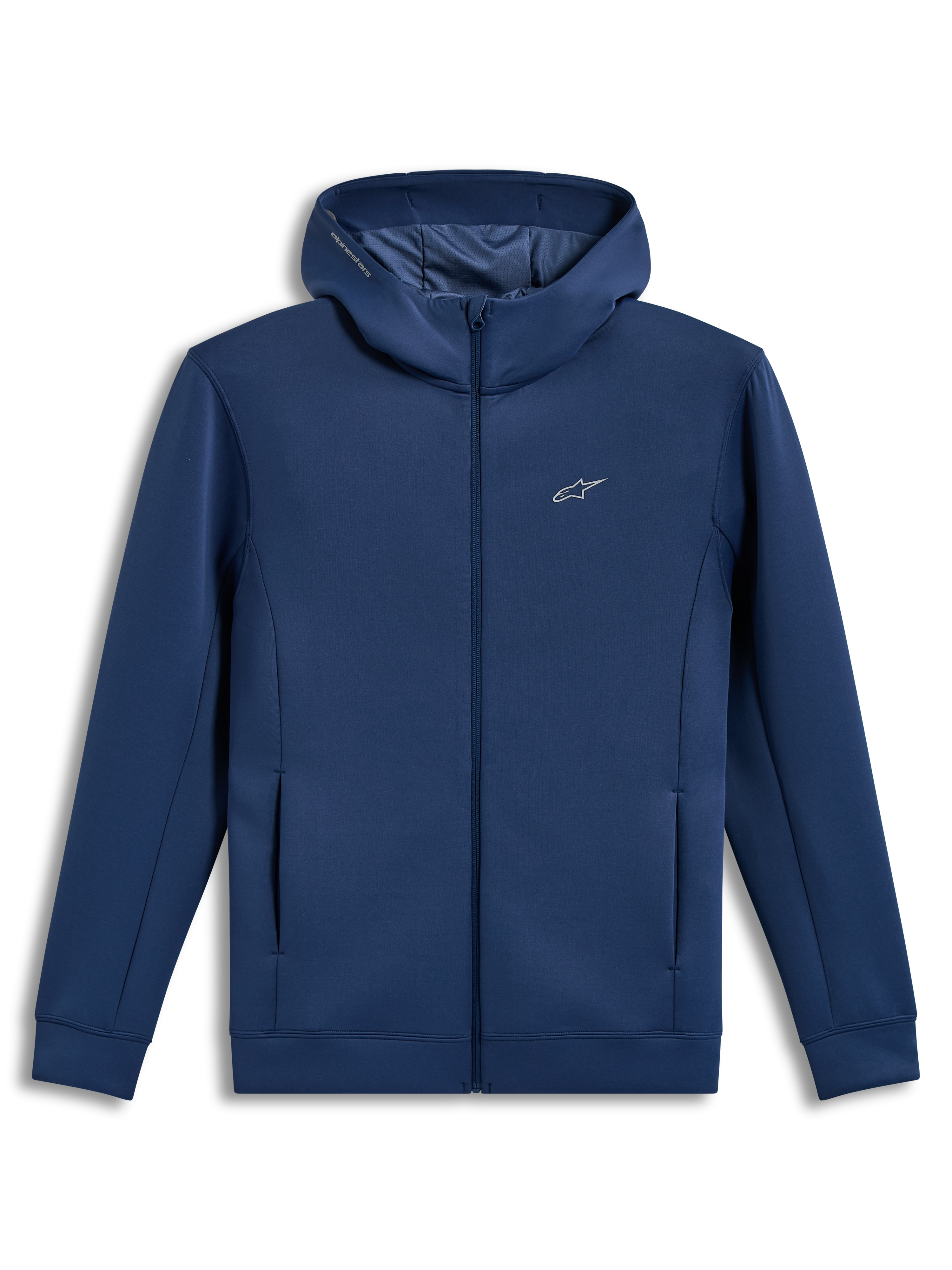Alpinestars Cypher Hoodie, sudadera azul acero con cremallera, capucha de cuello alto y forro polar, ropa deportiva.