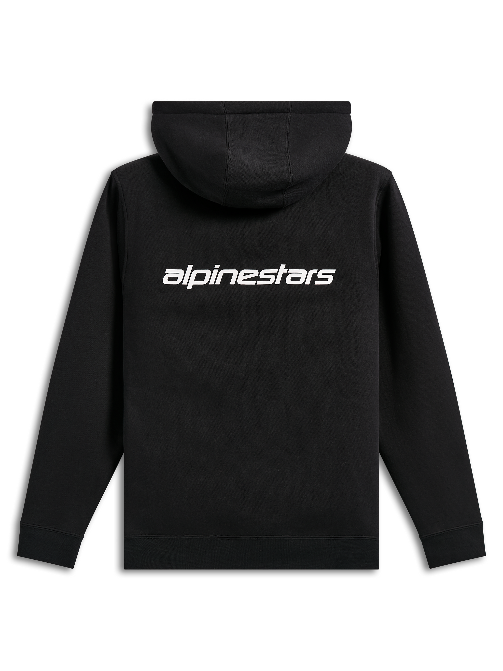 Alpinestars Transverse Hoodie, casual streetwear, black with white Alpinestars word logo on the back, hooded fleece, ribbed cuffs and hem, modern motorsport-inspired design