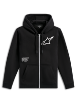 Alpinestars Transverse Hoodie, black zip-front fleece, featuring a white zipper, large white Astars logo on the chest, 'One Goal, One Vision' text graphic, drawstring hood, and ribbed cuffs, casual motorsport streetwear