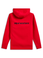 Alpinestars Transverse Hoodie, back view, Red, featuring a black Alpinestars wordmark logo on the upper back, casual hooded sweatshirt with ribbed cuffs and hem.