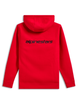 Alpinestars Transverse Hoodie, back view, Red, featuring a black Alpinestars wordmark logo on the upper back, casual hooded sweatshirt with ribbed cuffs and hem.