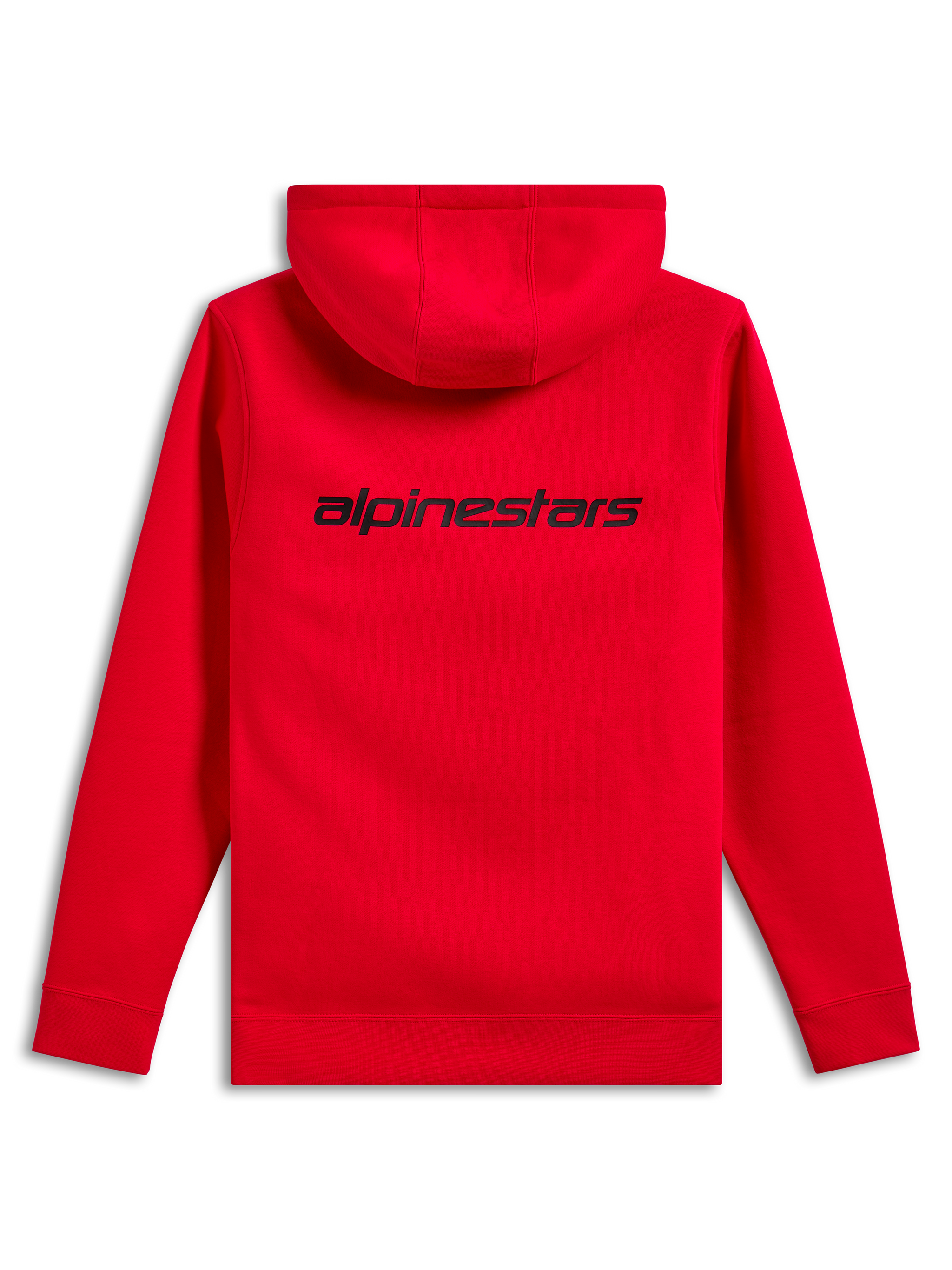 Alpinestars Transverse Hoodie, back view, Red, featuring a black Alpinestars wordmark logo on the upper back, casual hooded sweatshirt with ribbed cuffs and hem.
