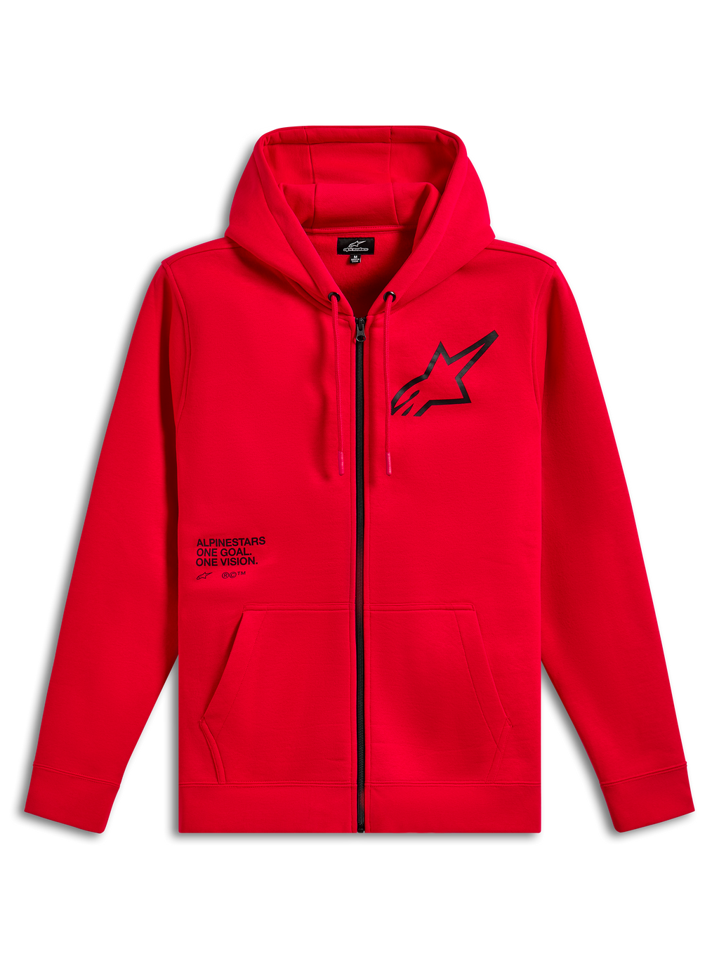 Alpinestars Transverse Hoodie, Zip-Front Fleece Hoodie, Red, Black Astars Logo on chest with One Goal One Vision text print, drawstring hood, kangaroo pockets, ribbed cuffs and hem, casual motorsport streetwear