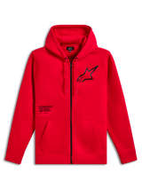 Alpinestars Transverse Hoodie, Zip-Front Fleece Hoodie, Red, Black Astars Logo on chest with One Goal One Vision text print, drawstring hood, kangaroo pockets, ribbed cuffs and hem, casual motorsport streetwear