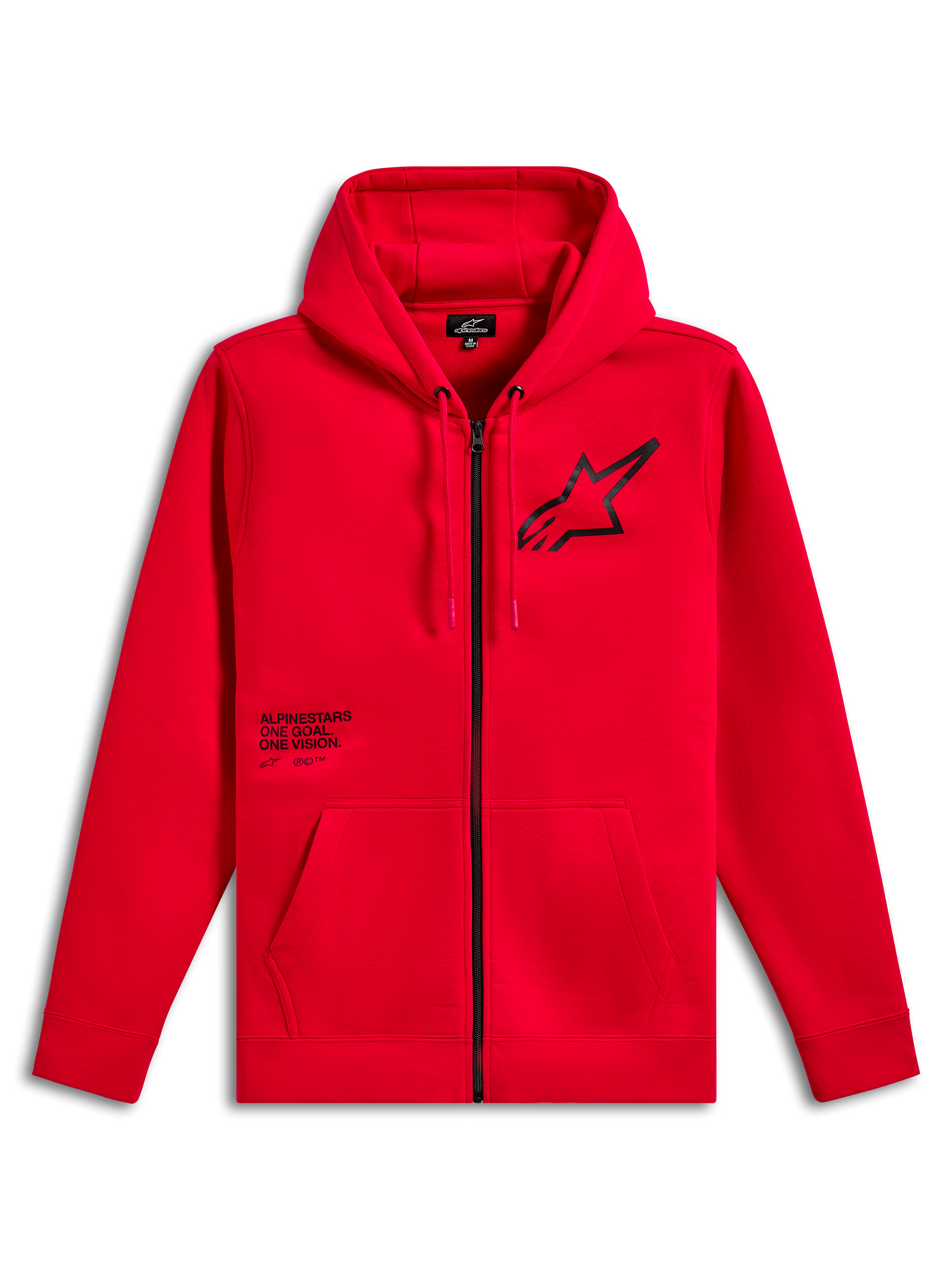 Alpinestars Transverse Hoodie, Zip-Front Fleece Hoodie, Red, Black Astars Logo on chest with One Goal One Vision text print, drawstring hood, kangaroo pockets, ribbed cuffs and hem, casual motorsport streetwear