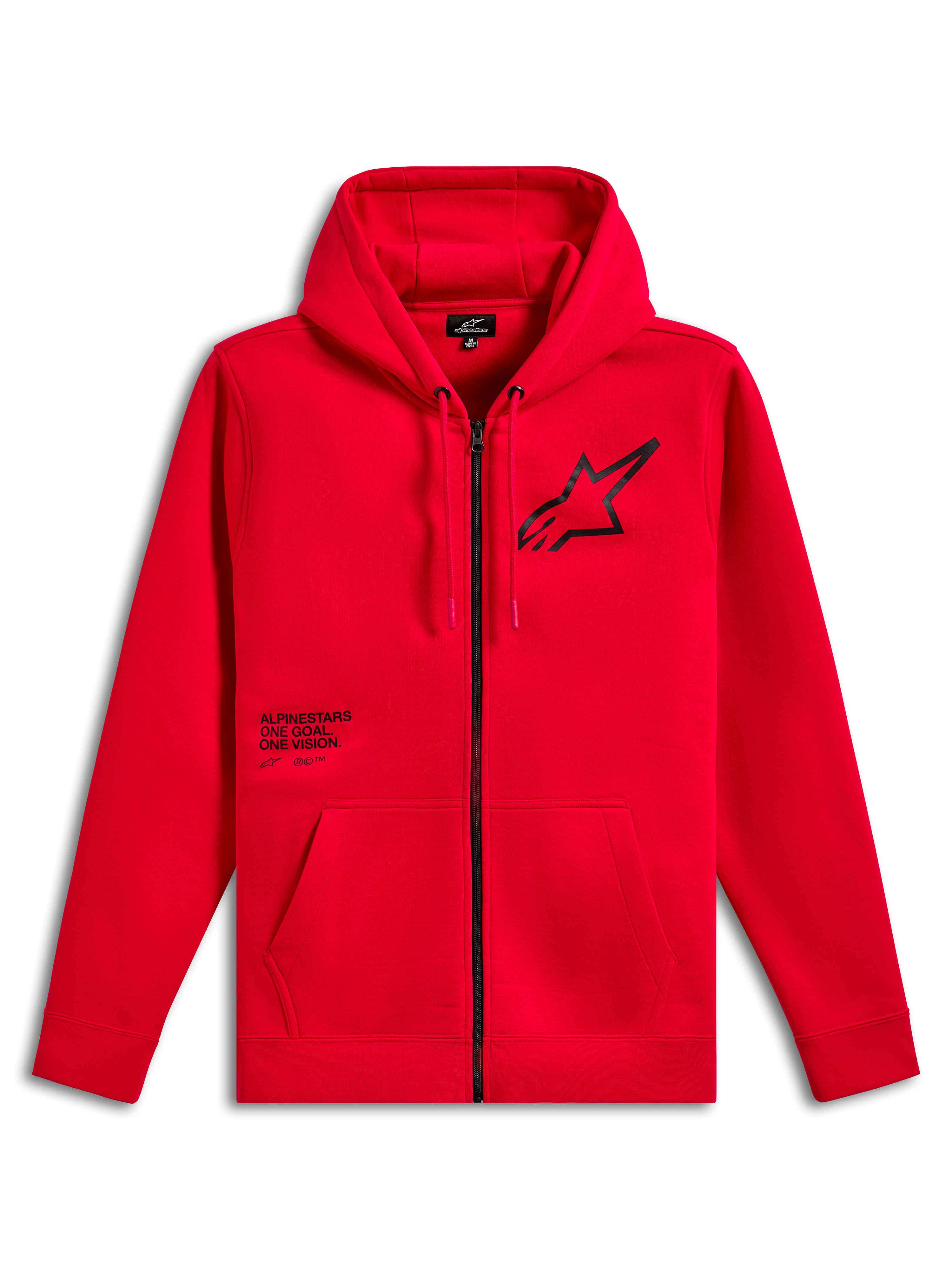 Alpinestars Transverse Hoodie, Zip-Front Fleece Hoodie, Red, Black Astars Logo on chest with One Goal One Vision text print, drawstring hood, kangaroo pockets, ribbed cuffs and hem, casual motorsport streetwear