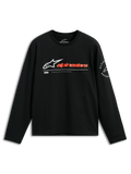 Alpinestars Mandatory CSF Tee, camiseta de manga larga, negra, logo de Astars en blanco con marca denominativa en color rojo anaranjado, gráfico circular de Alpinestars Racing en la manga, ropa casual de estilo automovilismo