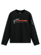 Alpinestars Mandatory CSF Tee, camiseta de manga larga, negra, logo de Astars en blanco con marca denominativa en color rojo anaranjado, gráfico circular de Alpinestars Racing en la manga, ropa casual de estilo automovilismo