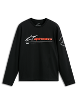 Alpinestars Mandatory CSF Tee, camiseta de manga larga, negra, logo de Astars en blanco con marca denominativa en color rojo anaranjado, gráfico circular de Alpinestars Racing en la manga, ropa casual de estilo automovilismo