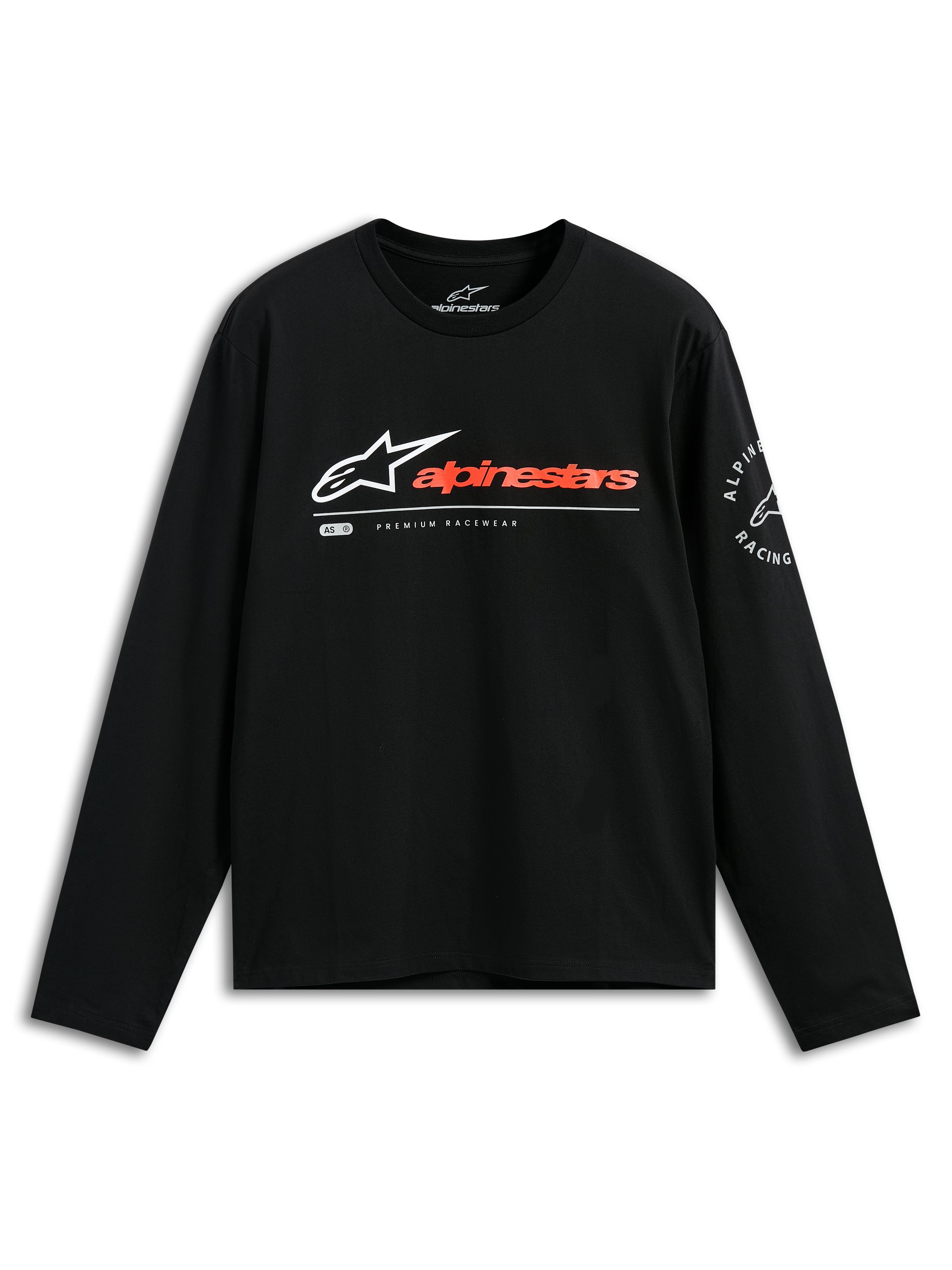 Alpinestars Mandatory CSF Tee, camiseta de manga larga, negra, logo de Astars en blanco con marca denominativa en color rojo anaranjado, gráfico circular de Alpinestars Racing en la manga, ropa casual de estilo automovilismo