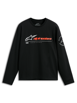 Alpinestars Mandatory CSF Tee, camiseta de manga larga, negra, logo de Astars en blanco con marca denominativa en color rojo anaranjado, gráfico circular de Alpinestars Racing en la manga, ropa casual de estilo automovilismo
