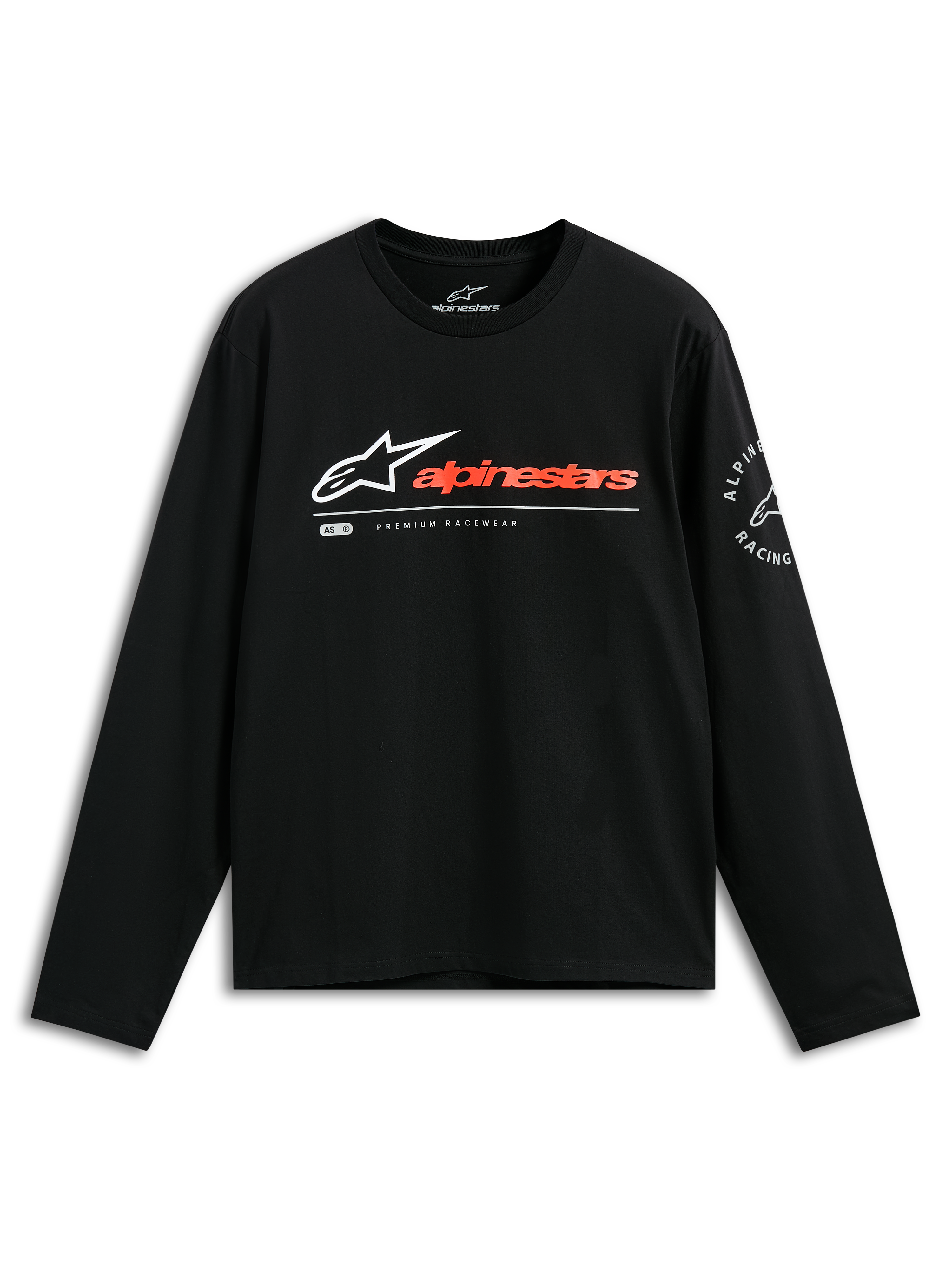 Alpinestars Mandatory CSF Tee, camiseta de manga larga, negra, logo de Astars en blanco con marca denominativa en color rojo anaranjado, gráfico circular de Alpinestars Racing en la manga, ropa casual de estilo automovilismo