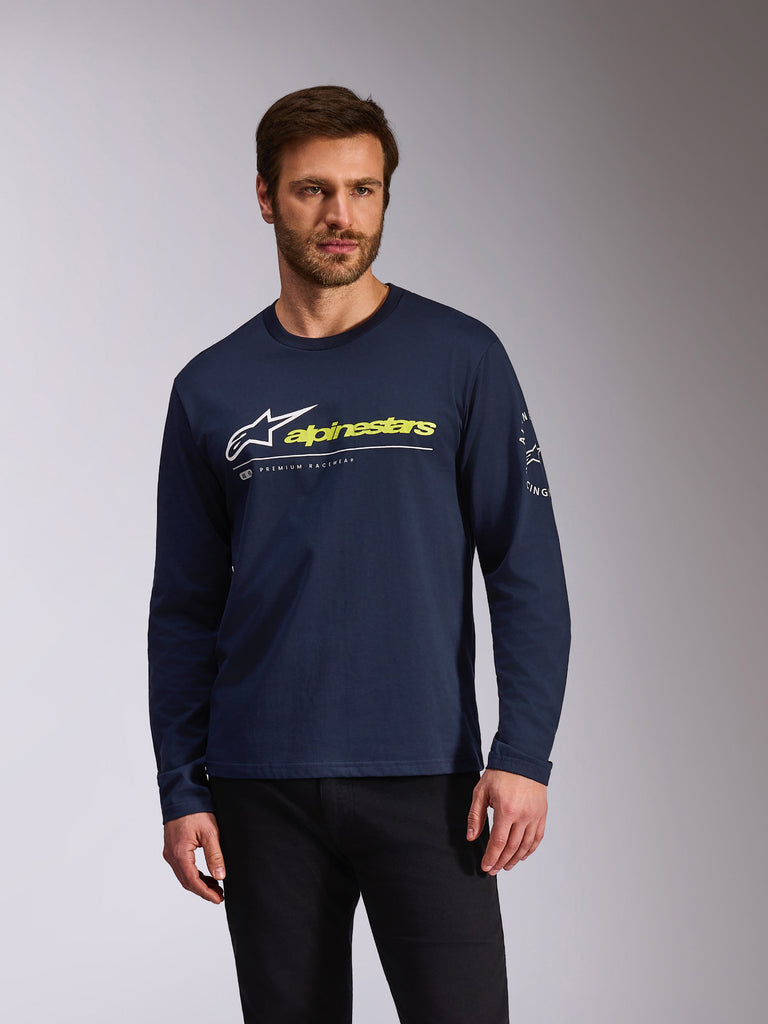 Alpinestars Mandatory CSF Tee, Long Sleeve T-Shirt, Navy Blue, White and Yellow Alpinestars Branding, White Circular Sleeve Logo, Casual Motorsport Sportswear