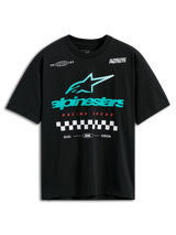 Alpinestars Aplomb Oversized CSF Tee, camiseta de manga corta, negra, logotipo grande de Astars con rayas en verde azulado y blanco, texto Racing Ahead en rojo y gráfico de cuadros, estilo casual motorsport