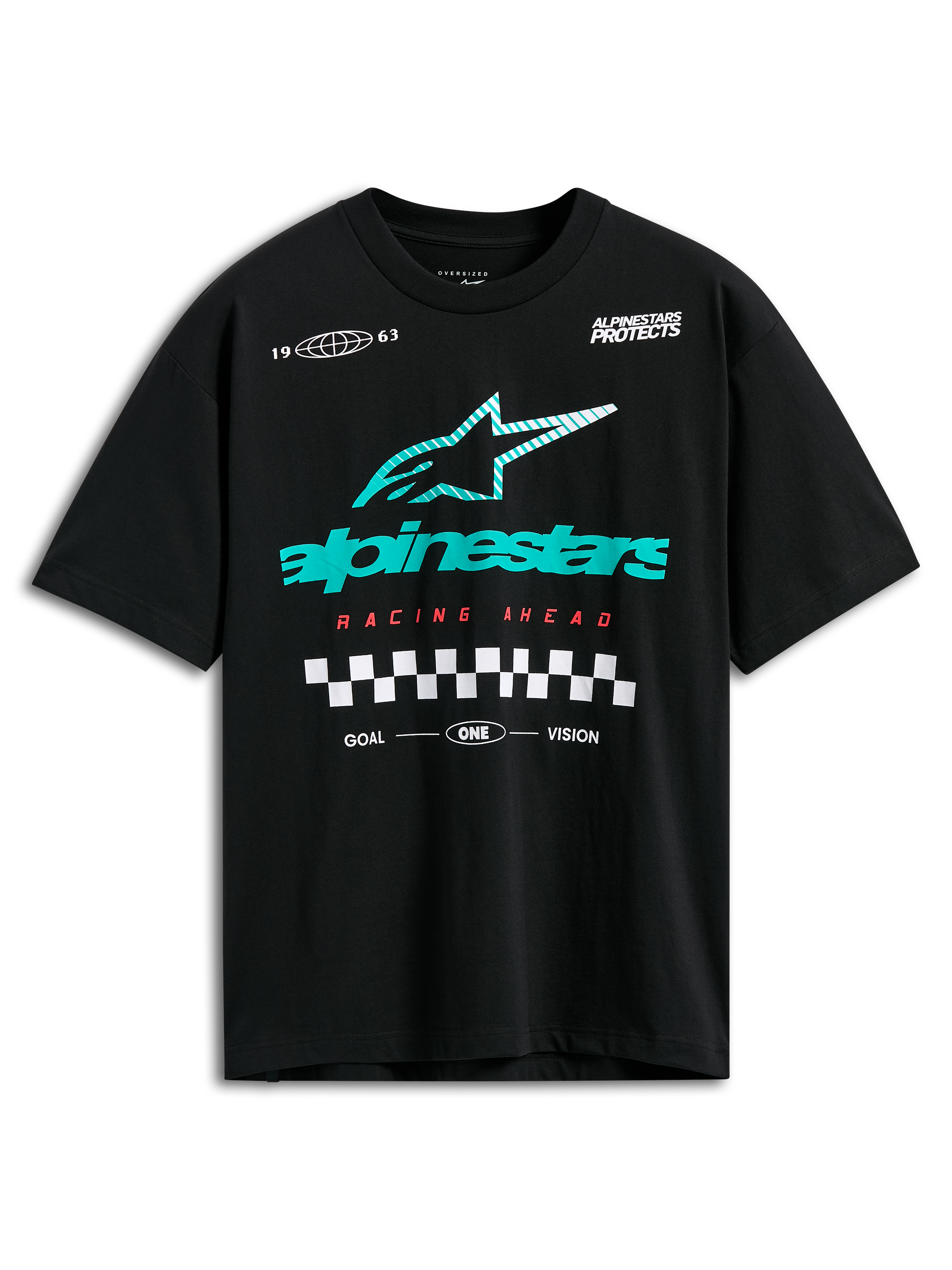 Alpinestars Aplomb Oversized CSF Tee, camiseta de manga corta, negra, logotipo grande de Astars con rayas en verde azulado y blanco, texto Racing Ahead en rojo y gráfico de cuadros, estilo casual motorsport