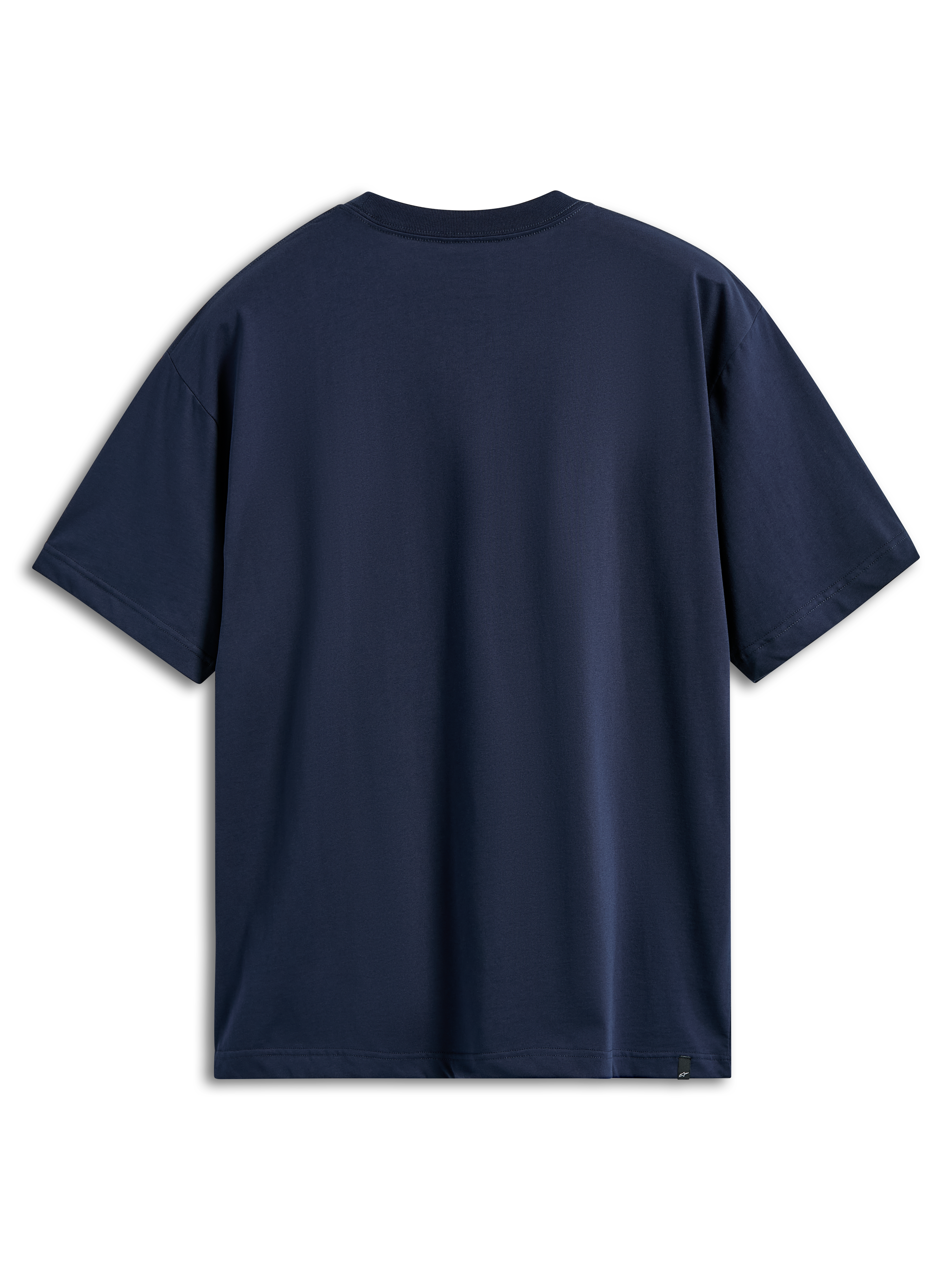 Alpinestars Aplomb Oversized CSF Tee, camiseta de manga corta, azul marino, vista posterior, ajuste holgado extragrande, diseño liso con una pequeña etiqueta de logotipo en el dobladillo inferior, ropa deportiva casual