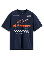 Alpinestars Aplomb Oversized CSF Tee, camiseta de manga corta, azul marino, logotipo grande de Alpinestars en naranja con estrella a rayas y detalle de bandera a cuadros, ropa urbana informal de automovilismo
