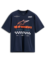 Alpinestars Aplomb Oversized CSF Tee, Short Sleeve T-Shirt, Navy Blue, Large Orange Alpinestars Logo with Striped Star and Checkered Flag Detail, Casual Motorsport Streetwear