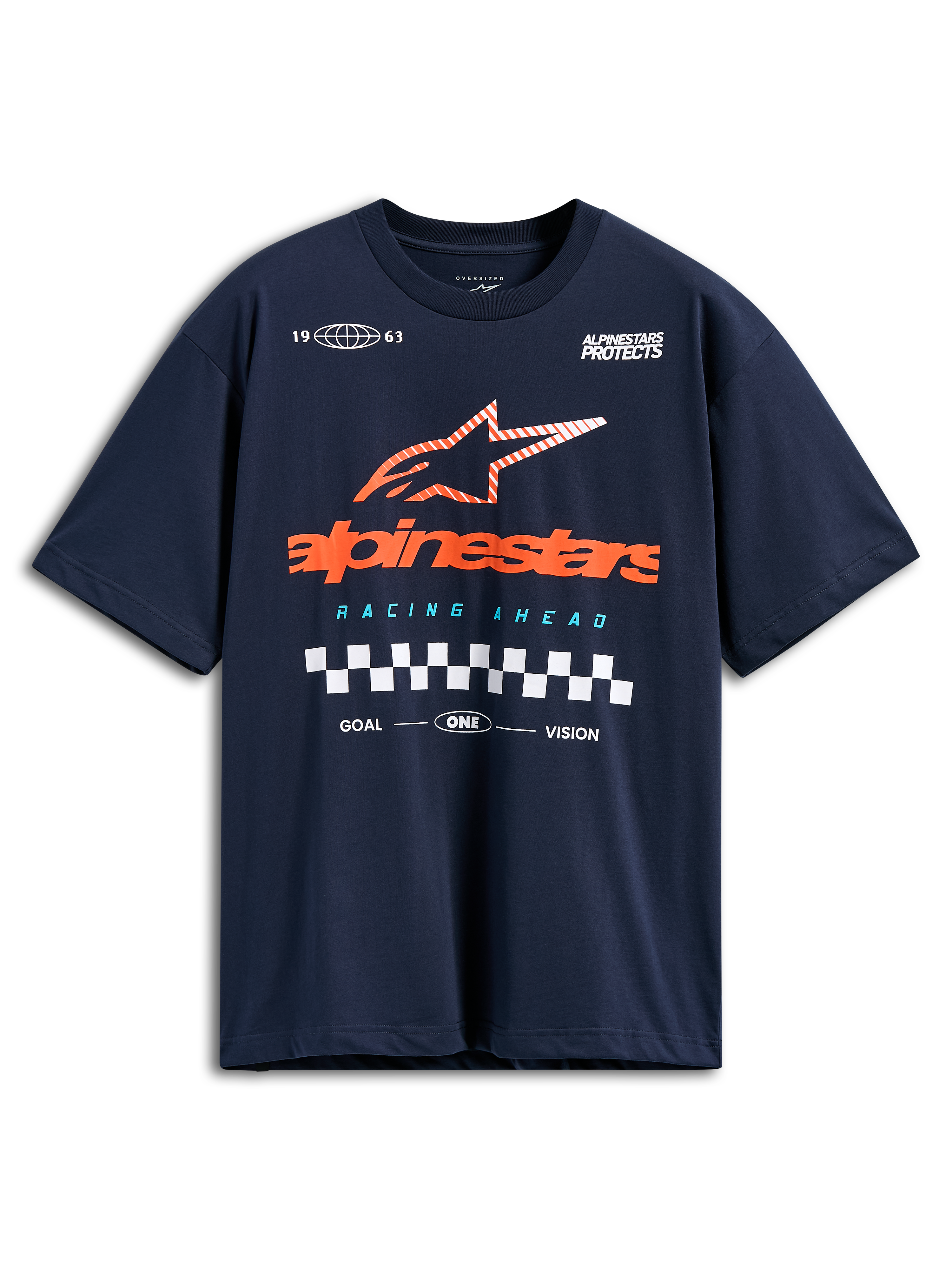 Alpinestars Aplomb Oversized CSF Tee, camiseta de manga corta, azul marino, logotipo grande de Alpinestars en naranja con estrella a rayas y detalle de bandera a cuadros, ropa urbana informal de automovilismo