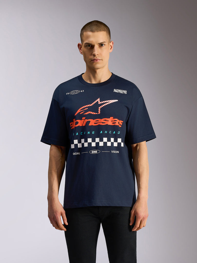 Alpinestars Aplomb Oversized CSF Tee, Short Sleeve T-Shirt, Navy Blue, Large orange and white Astars logo with checkered graphic, oversized casual motorsport-inspired streetwear