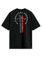 Alpinestars Overhang Oversized CSF Tee, Short Sleeve T-Shirt, Black, Back View with Red Vertical Wordmark and Grey 'Alpinestars Protects' Graphic, Casual Motorsport Streetwear