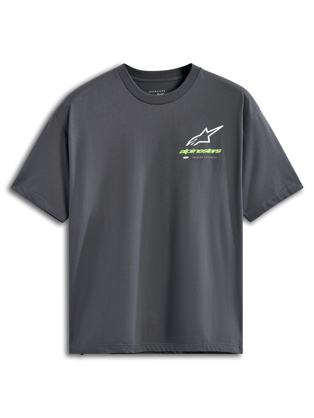 Alpinestars Overhang Oversized CSF Tee, camiseta de manga corta, gris carbón, logotipo Astars blanco con marca denominativa en verde lima, ropa urbana casual de estilo motorsport
