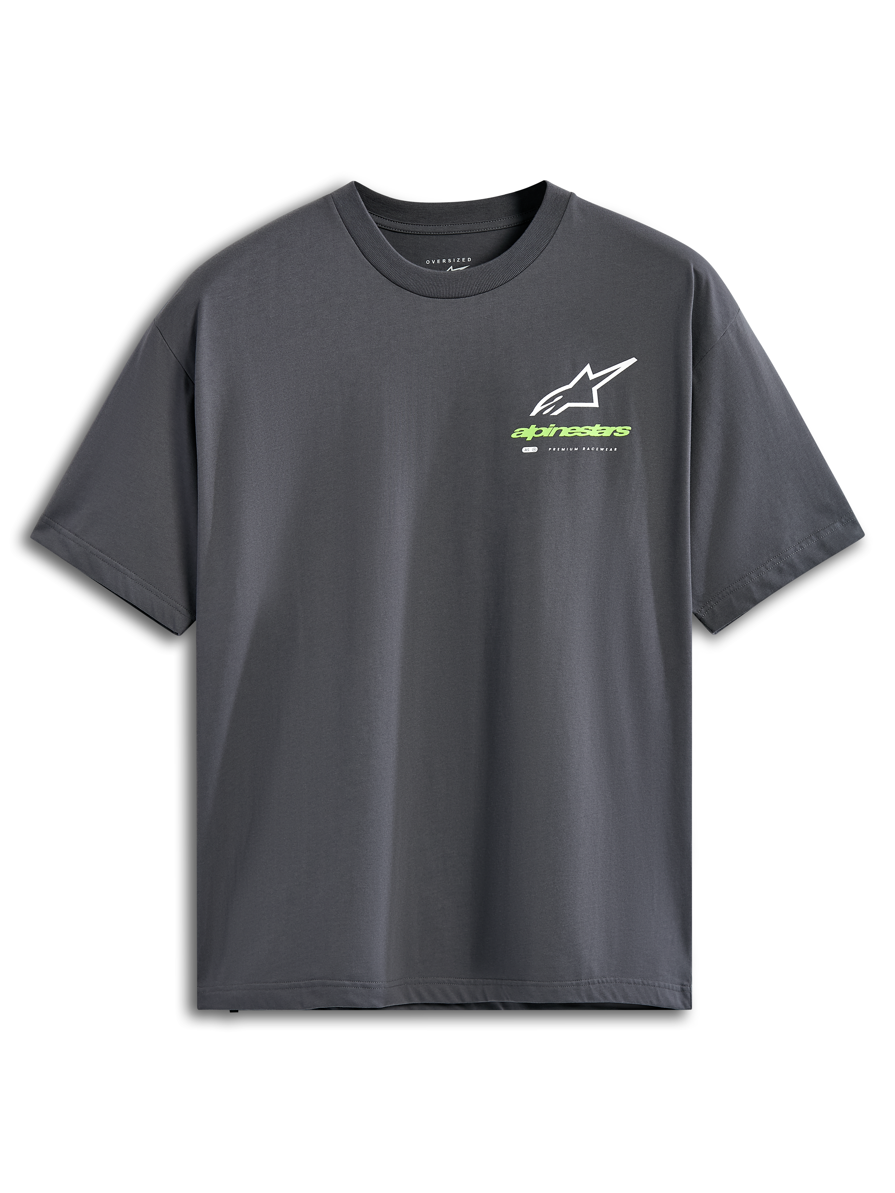 Alpinestars Overhang Oversized CSF Tee, camiseta de manga corta, gris carbón, logotipo Astars blanco con marca denominativa en verde lima, ropa urbana casual de estilo motorsport