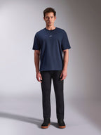 Alpinestars Focused Oversized CSF Tee, Short Sleeve T-Shirt, Navy Blue, small white Astars logo on chest, oversized fit, paired with black pants and black sneakers, casual motorsport streetwear