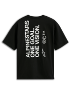 Alpinestars One Oversized CSF Tee, Short Sleeve T-Shirt, Black, back view with vertical white 'ALPINESTARS ONE GOAL. ONE VISION.' text and Astars logo, casual motorsport streetwear