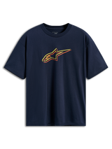 Alpinestars Alter Oversized CSF Tee, Short Sleeve T-Shirt, Navy Blue, Astars Logo with yellow, orange, and red color-offset outlines, casual motorsport streetwear