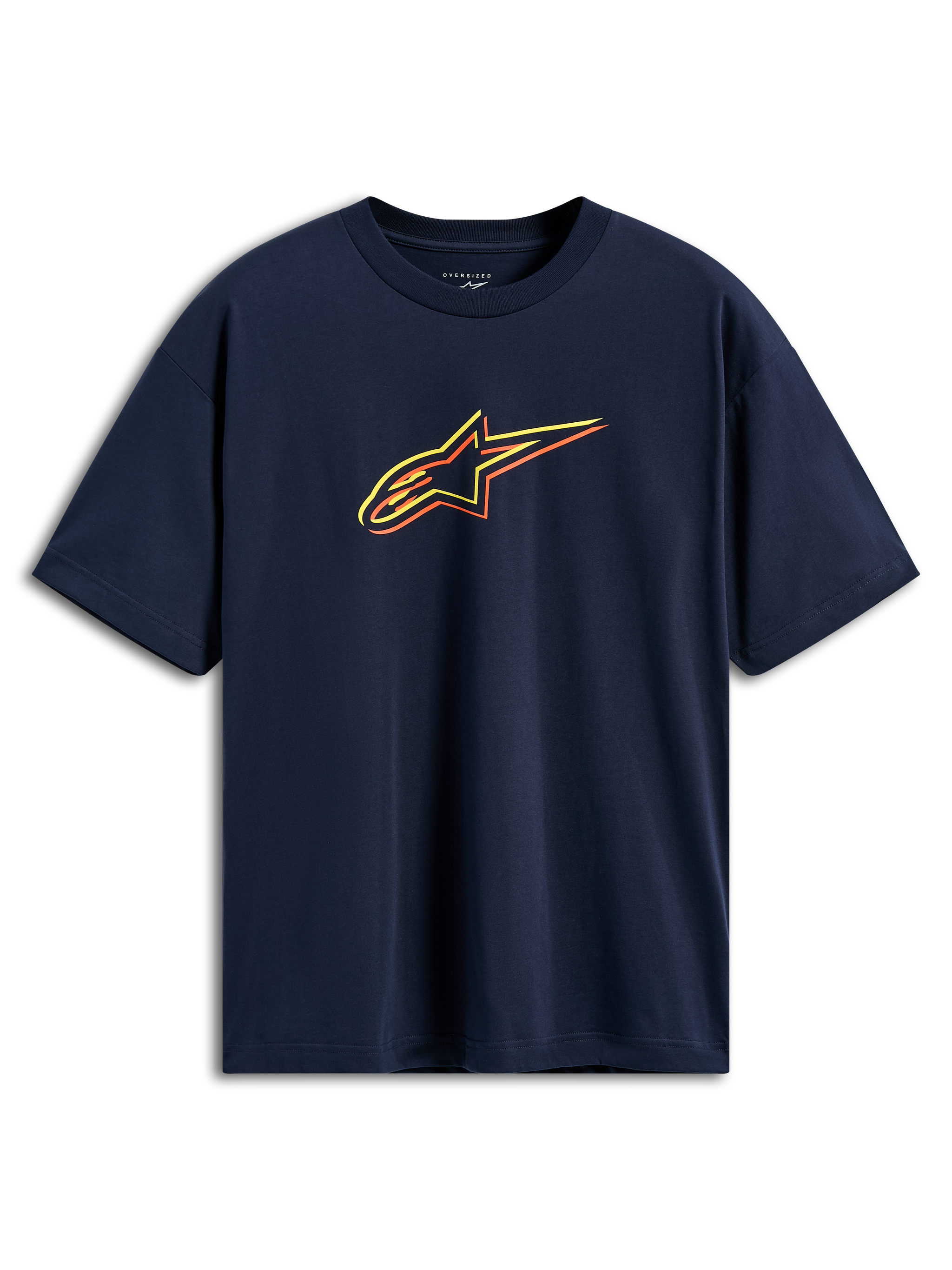 Alpinestars Alter Oversized CSF Tee, Short Sleeve T-Shirt, Navy Blue, Astars Logo with yellow, orange, and red color-offset outlines, casual motorsport streetwear